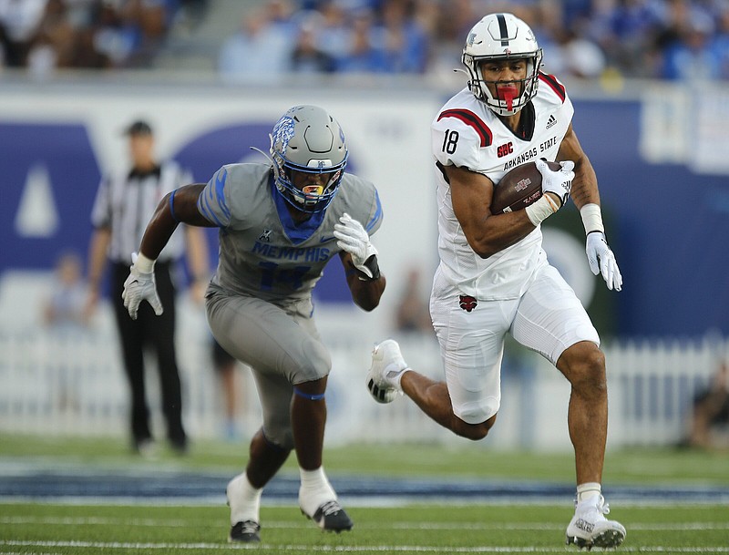 Arkansas State tight end Seydou Traore has developed as a key member of the Red Wolves’ passing game. He had six catches for 120 yards and a 51-yard touchdown in Saturday’s loss to Memphis.
(Arkansas Democrat-Gazette/Thomas Metthe)