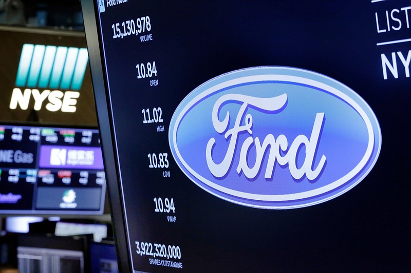 The Ford logo appears above a trading post on the floor of the New York Stock Exchange.
(AP)