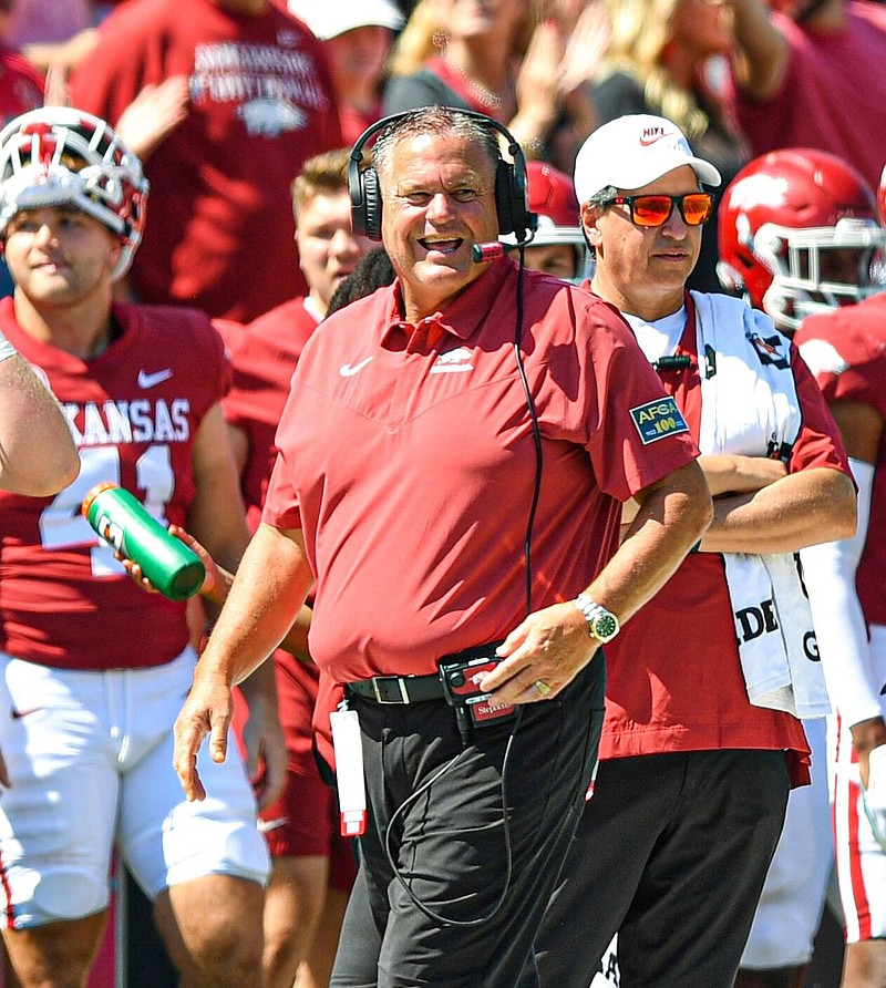 Arkansas Coach Sam Pittman (shown) and Texas A&M Coach Jimbo Fisher share a mutual respect for each other as friends and colleagues. They will meet Saturday for a third time at the helm of their current programs, having split the past two matchups.
(NWA Democrat-Gazette/Hank Layton)