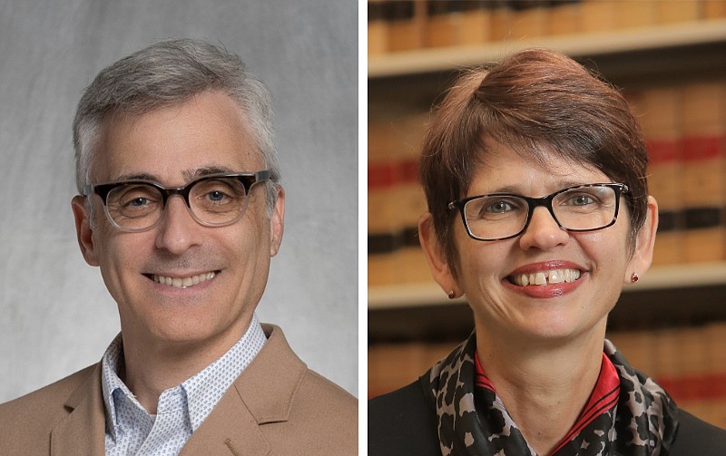 Robert Steinbuch (left), a University of Arkansas at Little Rock law professor, and Theresa Beiner, dean of the W.H. Bowen School of Law at UALR, are shown in these undated file photos. (Left, courtesy photo; right, Arkansas Democrat-Gazette file photo)