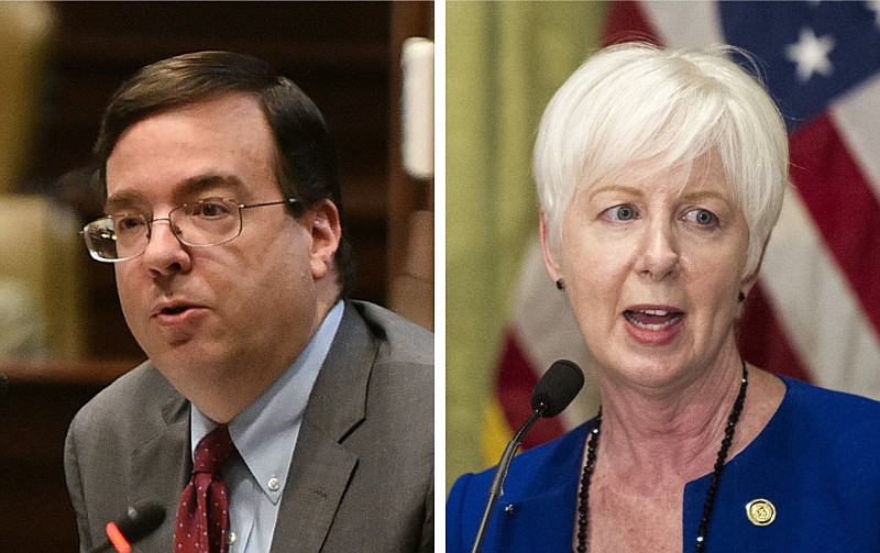 Mark White (left), chief of staff at the Arkansas Department of Human Services, and DHS Secretary Cindy Gillespie are shown in these undated file photos. White will succeed Gillespie as secretary of the agency, Gov. Asa Hutchinson announced Thursday, Sept. 22, 2022. (Arkansas Democrat-Gazette file photos)