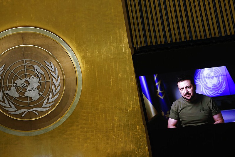 Ukrainian President Volodymyr Zelenskyy from video addresses the 77th session of the United Nations General Assembly, at U.N. headquarters, Wednesday, Sept. 21, 2022. (AP/Jason DeCrow)