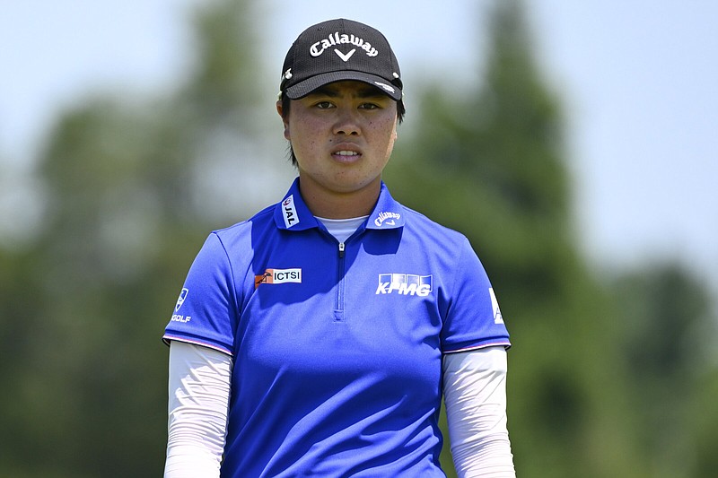 Yuka Saso, of Japan, looks to the ninth hole during the final round of play in the KPMG Women's PGA Championship golf tournament at Congressional Country Club, Sunday, June 26, 2022, in Bethesda, Md. (AP Photo/Terrance Williams)