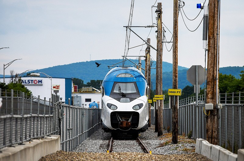 An Amtrak Acela power car and train sit on a test track at the Alstom production facility in Hornell, N.Y., in this file photo.
(The Washington Post)