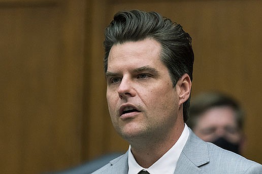 Rep. Matt Gaetz, R-Fla., questions witnesses during a House Armed Services Committee hearing on Capitol Hill, Wednesday, April 14, 2021, in Washington. 
(AP Photo/Manuel Balce Ceneta)