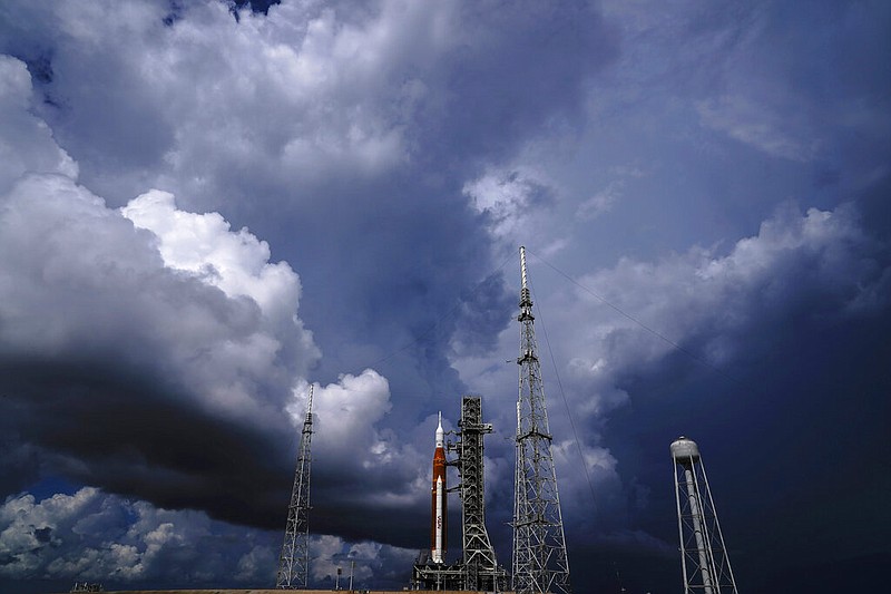 FILE - The NASA moon rocket stands on Pad 39B before a launch attempt for the Artemis 1 mission to orbit the moon at the Kennedy Space Center, Friday, Sept. 2, 2022, in Cape Canaveral, Fla. (AP/Brynn Anderson, File)