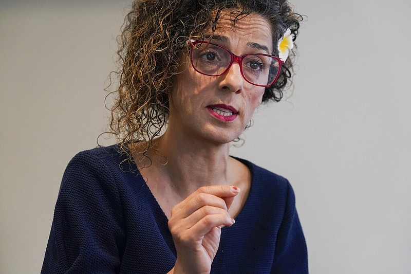 Iranian dissident Masih Alinejad gestures as she speaks during an interview with The Associated Press, Friday, Sept. 23, 2022, in New York. (AP/Mary Altaffer)