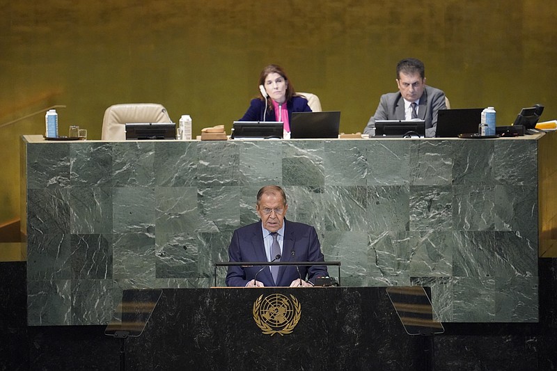 Foreign Minister of Russia Sergey Lavrov addresses the 77th session of the United Nations General Assembly, Saturday, Sept. 24, 2022 at U.N. headquarters. (AP Photo/Mary Altaffer)