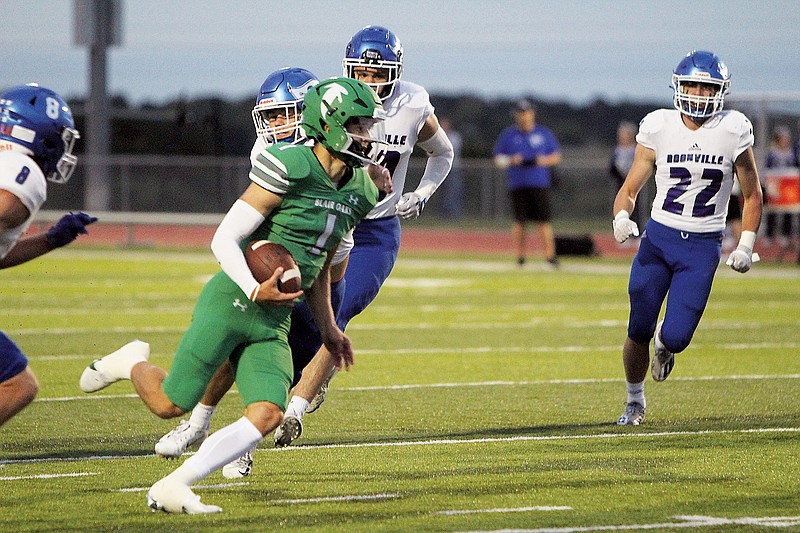 Dylan Hair of Blair Oaks breaks loose on a run during Friday night’s game against Boonville at the Falcon Athletic Complex in Wardsville. (Gracen Gaskins/News Tribune)