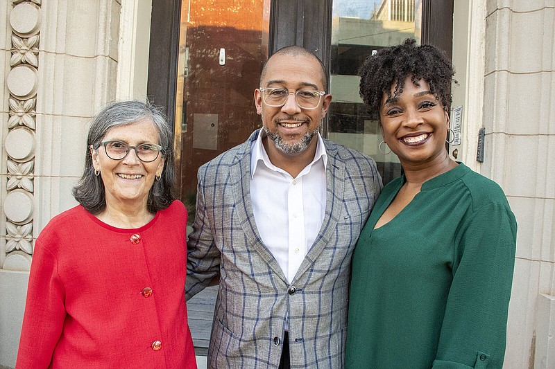  Executive Director Kathy Webb with event chairmen Scott and Marti Hamilton at the Hunger Action Breakfast  on 9/15/2022 at the Junior League of Little Rock Building. (Arkansas Democrat-Gazette/Cary Jenkins)