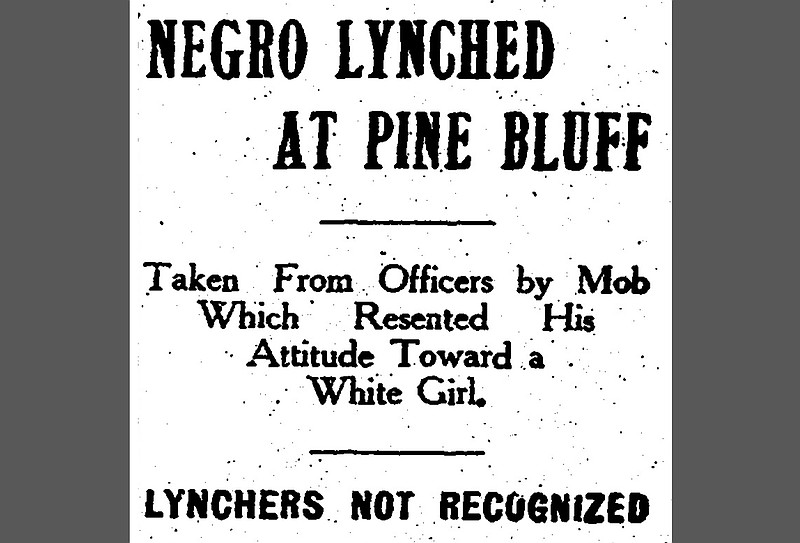 A front-page headline from the March 26, 1910 issue of the Arkansas Gazette tells readers of the fate of Judge O. Jones, a 26-year-old Black man. Jones was arrested early Friday, March 25, 1910, and was tried that night. He was taken from police by armed men and hanged. (Arkansas Democrat-Gazette file photo)