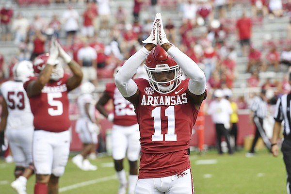 Arkansas defensive back LaDarrius Bishop (11) reacts to a safety call against South Carolina during an NCAA college football game Saturday, Sept. 10, 2022, in Fayetteville. (AP Photo/Michael Woods) Arkansas defensive back LaDarrius Bishop (11) reacts to a safety call against South Carolina during an NCAA college football game Saturday, Sept. 10, 2022, in Fayetteville. (AP Photo/Michael Woods)