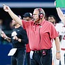 Arkansas head coach Sam Pittman gestures, Saturday, September 23, 2022 during the fourth quarter of a football game at AT&T Stadium in Arlington, Texas.