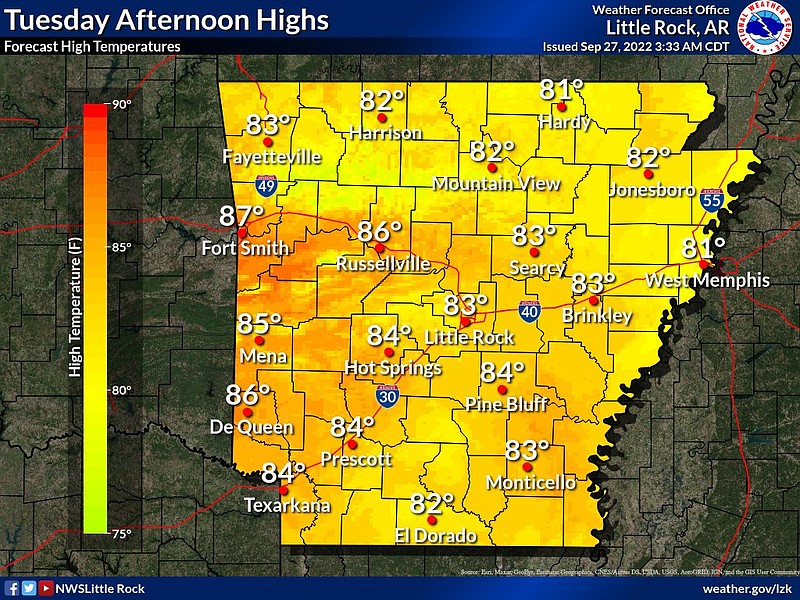 This graphic from the National Weather Service shows predicted high temperatures across Arkansas on Tuesday.