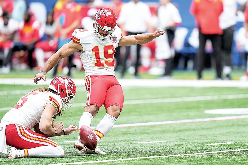 Chiefs kicker Matt Ammendola kicks a field goal out of the hold of Tommy Townsend during the second half of Sunday’s game against the Colts in Indianapolis. (Associated Press)