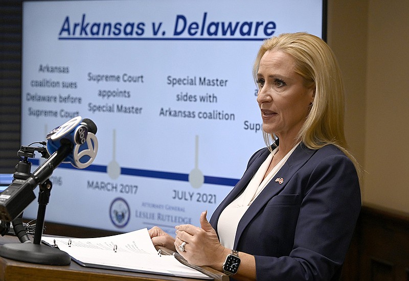 Arkansas Attorney General Leslie Rutledge addresses the media during a press conference about an upcoming argument before the United States Supreme Court on Tuesday, Sept. 27, 2022...(Arkansas Democrat-Gazette/Stephen Swofford)