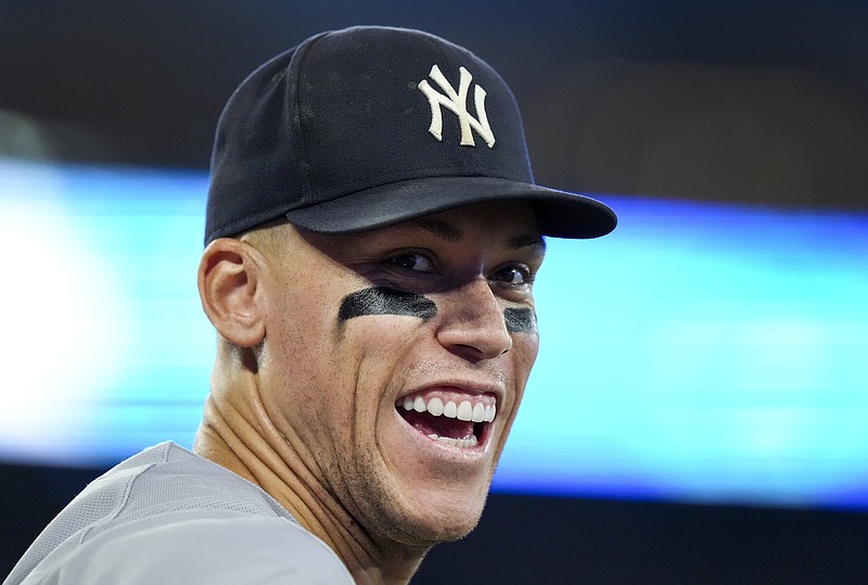 New York Yankees' Aaron Judge smiles after a baseball game against