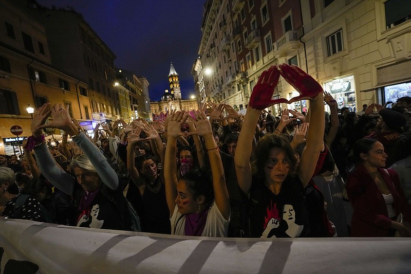 People stage a protest on ‘International Safe Abortion Day’ to ask for more guarantees on the enforcement of the abortion law that they claim is seriously endangered by the high rate of doctors’ conscientious objection in the country, Wednesday in Rome. More photos at arkansasonline.com/929italians/.
(AP/Alessandra Tarantino)