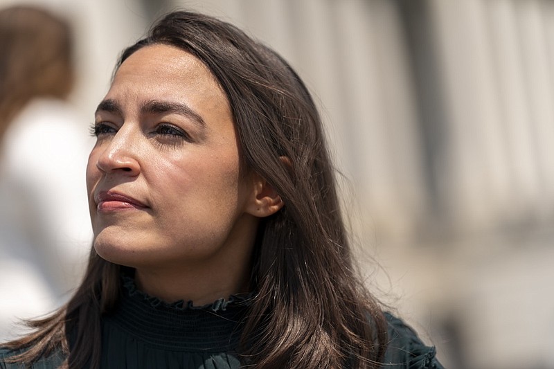 FILE - Rep. Alexandria Ocasio-Cortez, D-N.Y., joins female House Democrats at an event ahead of a House vote on the Women's Health Protection Act and the Ensuring Women's Right to Reproductive Freedom Act at the Capitol in Washington, July 15, 2022. Four years after Ocasio-Cortez won a New York congressional primary that toppled a powerful incumbent and sent a jolt through the Democratic Party, the progressive left has had mixed success, with some questioning the limits of the movement’s power. (AP Photo/Andrew Harnik, File)