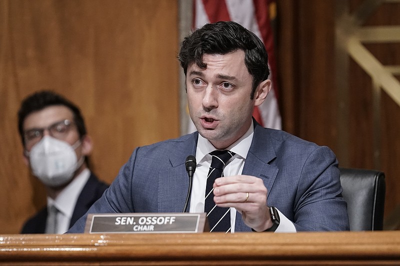 Chairman Jon Ossoff, D-Ga., questions Michael Carvajal, the outgoing director of the Federal Bureau of Prisons, as the Senate Permanent Subcommittee On Investigations holds a hearing on charges of corruption and misconduct at the U.S. Penitentiary in Atlanta, at the Capitol in Washington, July 26, 2022. (AP Photo/J. Scott Applewhite, File)