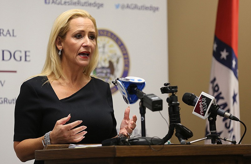 Arkansas Attorney General Leslie Rutledge, at a Thursday news conference in Little Rock, announces that she has joined with attorneys general from five other states to file a federal lawsuit against the Biden administration over its student loan forgiveness plan.
(Arkansas Democrat-Gazette/Thomas Metthe)