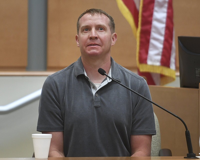 Robbie Parker, father of deceased Sandy Hook Elementary School student Emilie Parker, describes being confronted on the street by a follower of Infowars conspiracy theories during his testimony in Alex Jones’ defamation trial Thursday at Superior Court in Waterbury, Conn.
(AP/Hearst Connecticut Media/Brian A. Pounds)