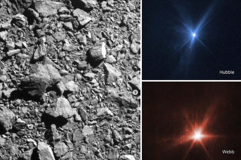 This combination of images provided by NASA Thursday shows three different views of the DART spacecraft impact on the asteroid Dimorphos on Monday, Sept. 26. At left is the view from a forward camera on DART , upper right the Hubble Space Telescope and lower right the James Webb Space Telescope.
(AP/NASA)