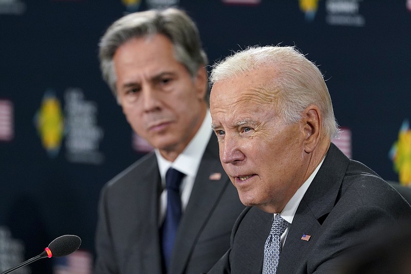 President Joe Biden speaks Thursday during the first U.S.-Pacific Island Country Summit at the State Department in Washington. Secretary of State Antony Blinken listens at left.
(AP/Susan Walsh)