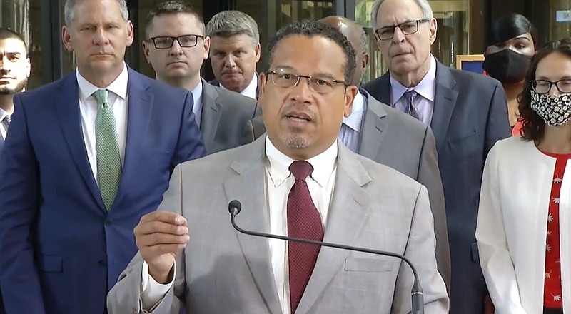 FILE - In this image taken from video, Minnesota Attorney General Keith Ellison speaks to the media June 25, 2021, at the Hennepin County Courthouse in Minneapolis, with the prosecution team, after Hennepin County Judge PeterCahill sentenced former Minneapolis police Officer Derek Chauvin to 22 1/2 years in prison, for the May 25, 2020, death of George Floyd. (Court TV via AP, Pool, File)