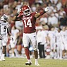 Arkansas defensive end Jordan Domineck celebrates a sack during a game against Missouri State on Saturday, Sept. 17, 2022, in Fayetteville.