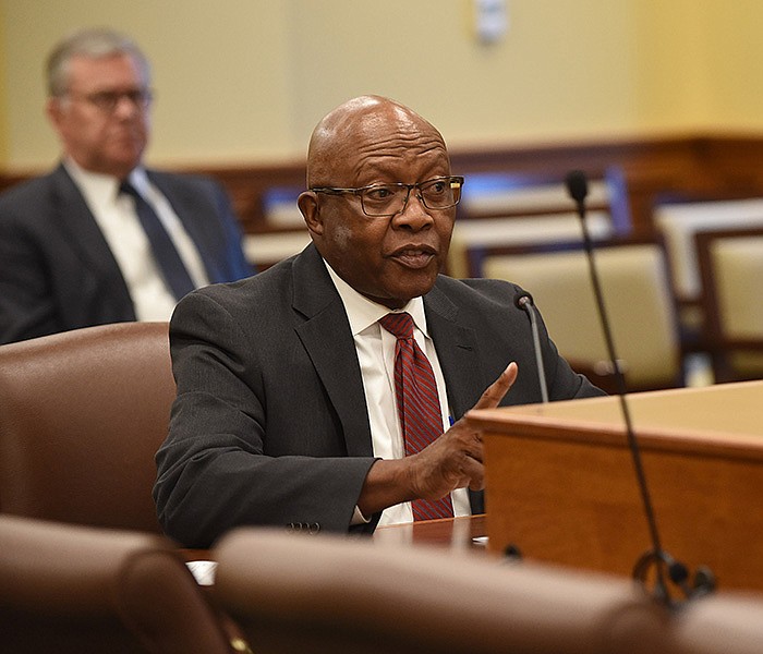 Judge Edwin Keaton, representing the judicial council, speaks during the Independent Citizens Commission meeting Friday at the state Capitol in Little Rock.
(Arkansas Democrat-Gazette/Staci Vandagriff)