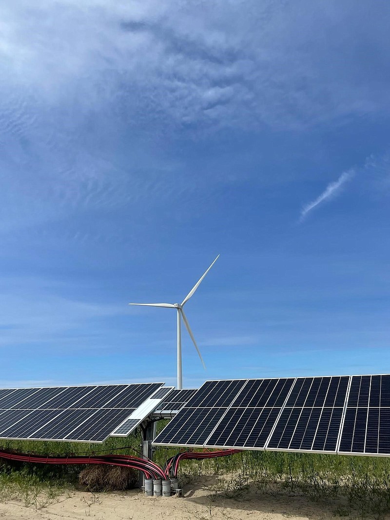 Windmills and solar panels line a renewable energy facility in Lexington, Ore.
(AP/ Portland General Electric/Sarah Hamaker)