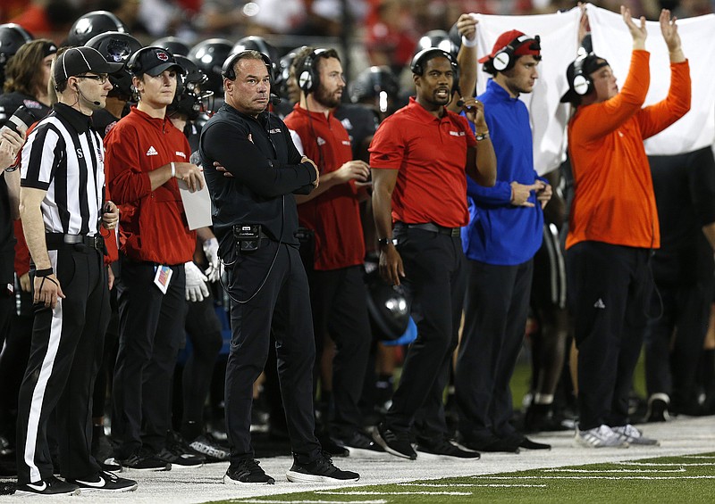 Arkansas State head coach Butch Jones watches the game from the sideline during the second quarter of the Red Wolves' 45-28 win on Saturday, Oct. 1, 2022, at Centennial Bank Stadium in Jonesboro. .(Arkansas Democrat-Gazette/Thomas Metthe)