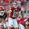 Arkansas quarterback Cade Fortin (10) is shown during a game against Alabama on Saturday, Oct. 1, 2022, in Fayetteville.