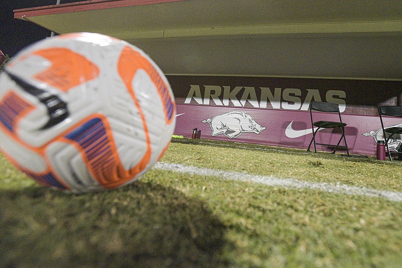 A soccer ball and Arkansas logo are seen, Thursday, Sept. 29, 2022, following the RazorbacksÕ 1-0 win over Texas A&M at Razorback Field in Fayetteville. Visit nwaonline.com/220930Daily/ for today's photo gallery..(NWA Democrat-Gazette/Hank Layton)