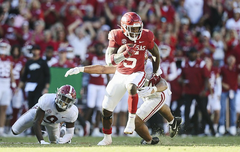 Arkansas running back Raheim Sanders had several key rushes and scored on a 3-yard run as the Razorbacks rallied for 16 unanswered points to pull within 5 points of Alabama in Saturday’s 49-26 loss at Reynolds Razorback Stadium in Fayetteville. Arkansas will try to rebound at No. 23 Mississippi State on Saturday.
(NWA Democrat-Gazette/Charlie Kaijo)