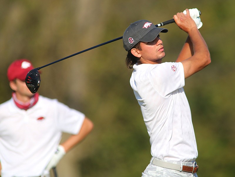 University of Arkansas golfer Segundo Oliva Pinto watches his drive during the 2020 Blessings Collegiate Invitational in Johnson. The Razorback golf teams are aiming to defend their titles as the 54-hole three-day tournament begins today.
(NWA Democrat-Gazette/David Gottschalk)