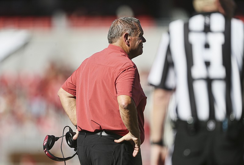 Arkansas head coach Sam Pittman, Saturday, October 1, 2022 during the second quarter of a football game at Donald W. Reynolds Razorback Stadium in Fayetteville. Visit nwaonline.com/221001Daily/ for today's photo gallery...(NWA Democrat-Gazette/Charlie Kaijo)