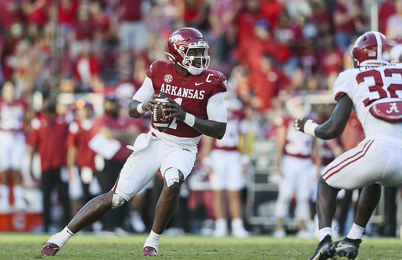 Arkansas quarterback KJ Jefferson (1) passes, Saturday, October 1, 2022 during the fourth quarter of a football game at Donald W. Reynolds Razorback Stadium in Fayetteville. Visit nwaonline.com/221001Daily/ for today's photo gallery...(NWA Democrat-Gazette/Charlie Kaijo)