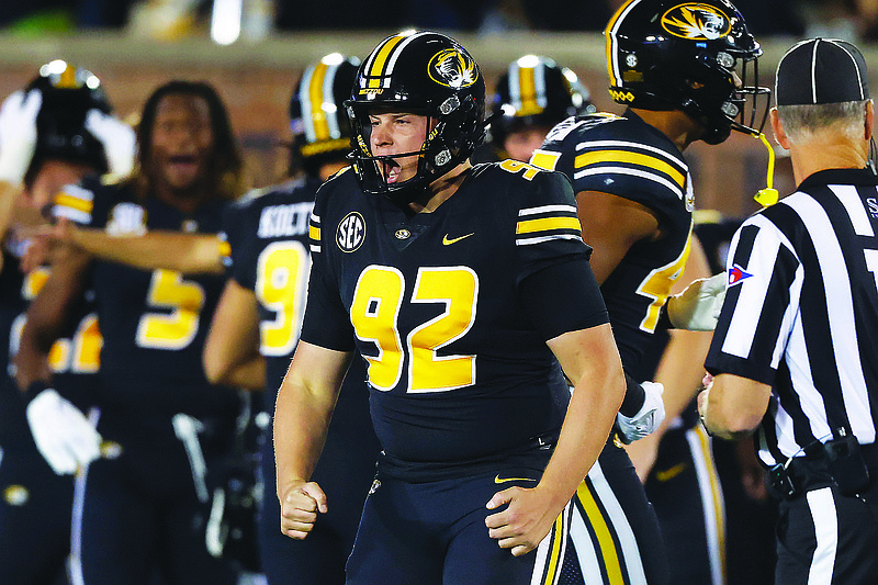 Missouri kicker Harrison Mevis celebrates after kicking a field goal during the fourth quarter of Saturday night’s game against Georgia at Faurot Field in Columbia. (Associated Press)