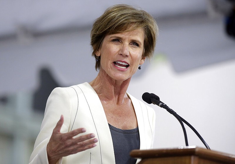 FILE - Former U.S. Deputy Attorney General Sally Yates speaks at Harvard University, in Cambridge, Mass., May 24, 2017. An independent investigation into the scandals that erupted in the National Women's Soccer League last season showed that emotional abuse and sexual misconduct was systemic in the sport, impacting multiple teams, coaches and players.  â€œAbuse in the NWSL is rooted in a deeper culture in womenâ€™s soccer, beginning in youth leagues, that normalizes verbally abusive coaching and blurs boundaries between coaches and players,â€ former Acting U.S. Attorney General Sally Yates wrote in her report for U.S. Soccer, which was released on Monday, Oct. 3, 2022. (AP Photo/Steven Senne, File)