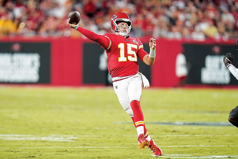 Chiefs quarterback Patrick Mahomes throws a pass during the second half of Sunday night’s game against the Buccaneers in Tampa, Fla. (Associated Press)