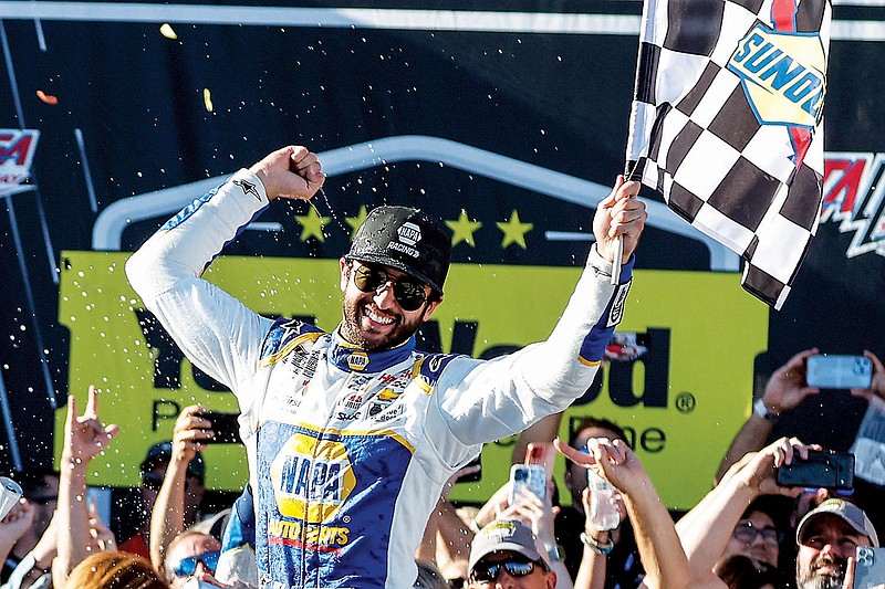 Chase Elliott celebrates Sunday after winning a NASCAR Cup Series race in Talladega, Ala. (Associated Press)