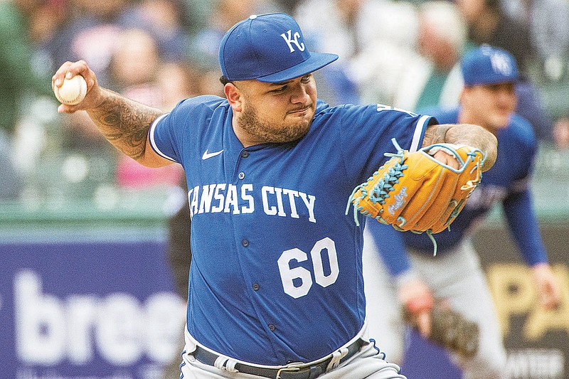 Royals starting pitcher Max Castillo delivers to the plate during Sunday's game against the Guardians in Cleveland. (Associated Press)