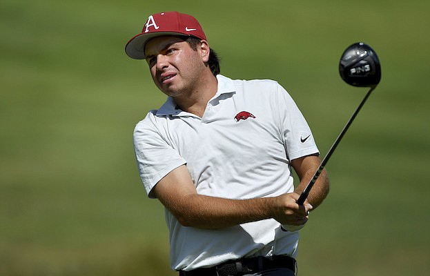 Julian Perico of Arkansas during an NCAA golf tournament on Monday, Oct. 4, 2021, in Fayetteville. (AP Photo/Michael Woods)