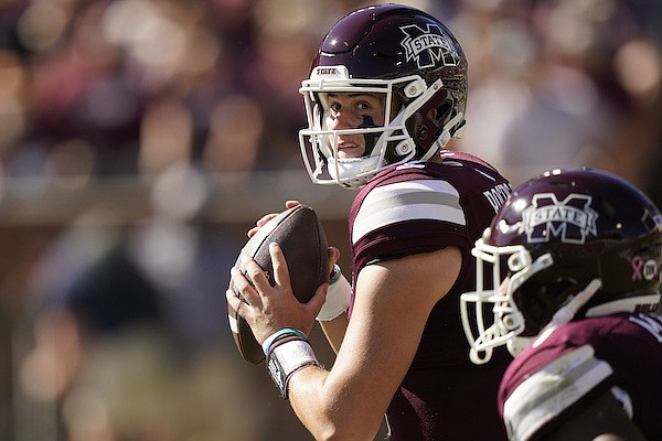 Mississippi State quarterback Will Rogers (2) sets up to pass against Texas A&M during the first half of an NCAA college football game in Starkville, Miss., Saturday, Oct. 1, 2022. Mississippi State won 42-24. (AP Photo/Rogelio V. Solis)