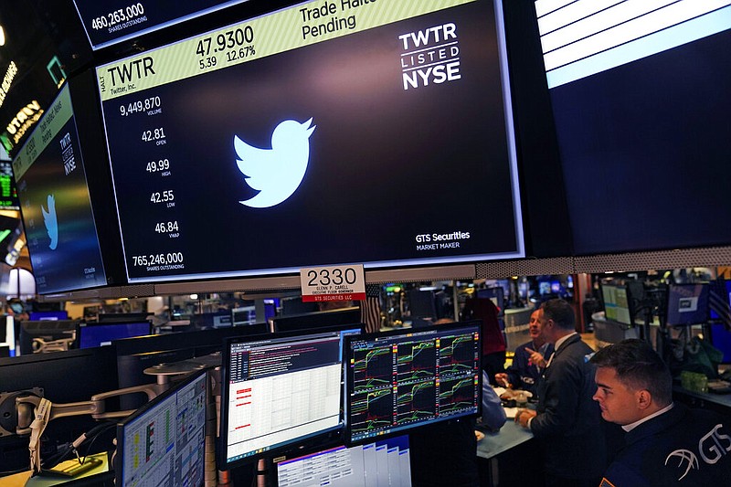 The symbol for Twitter appears above a trading post on the floor of the New York Stock Exchange, Tuesday, Oct. 4, 2022. Trading in shares of Twitter was halted after the stock spiked on reports that Elon Musk would proceed with his $44 billion deal to buy the company after months of legal battles.(AP Photo/Seth Wenig)