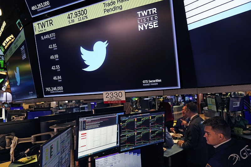 The symbol for Twitter appears above a trading post on the floor of the New York Stock Exchange, Tuesday, Oct. 4, 2022. (AP Photo/Seth Wenig)