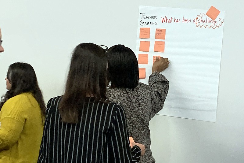 Texarkana ISD’s chief innovation officer, Sherri Penix, puts her sticky note on the board asking for challenges faced so far during the school year on Thursday, Sept. 29, 2022, at Texas A&M University-Texarkana. (Staff photo by Mallory Wyatt
)