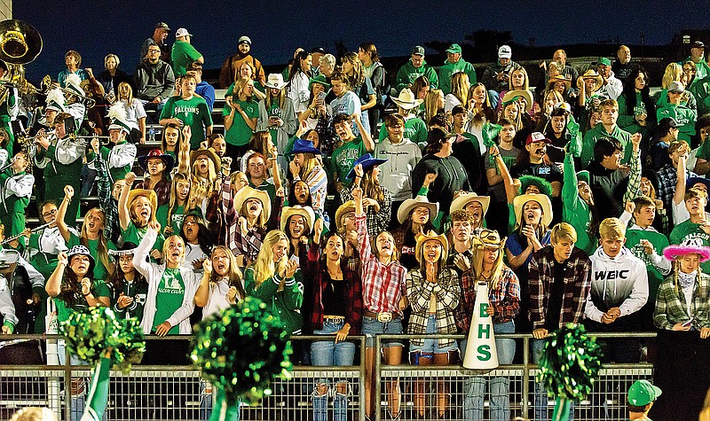 The Blair Oaks student section cheers on the Falcons during last Friday night's game against Versailles at the Falcon Athletic Complex in Wardsville. (Ken Barnes/News Tribune)